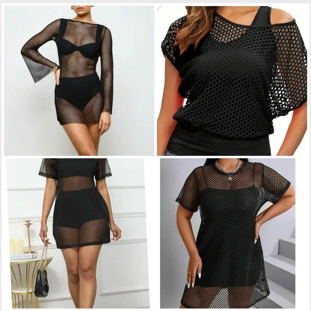 🇨🇦Retro big hole diamond net long tunic or short dress black- versatile style - Picture 6 of 16